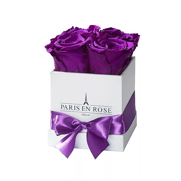 Rosenbox eckig Weiß mit Schleife und 4 Violetten Rosen günstig online kaufen