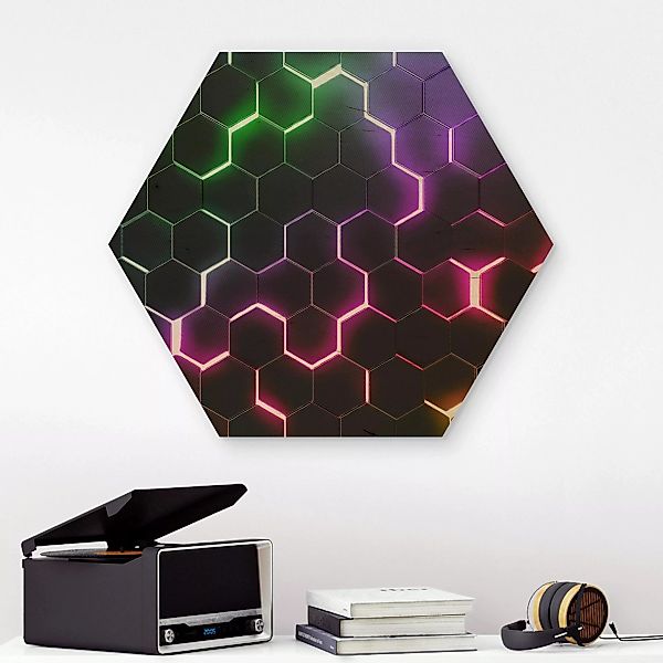 Hexagon-Holzbild Strukturierte Hexagone mit Neonlicht günstig online kaufen