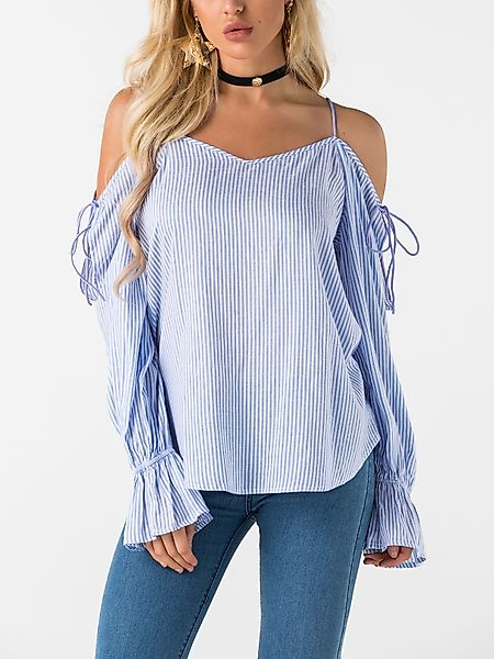 Blaue Chiffon-Bluse mit kaltem Schulter-Schnürung und V-Ausschnitt günstig online kaufen