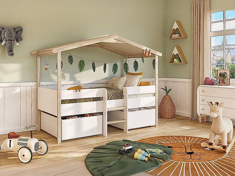 Kinderbett Hausbett mit Schubladen - Lindenholz - 90 x 190 cm - Weiß & Eich günstig online kaufen