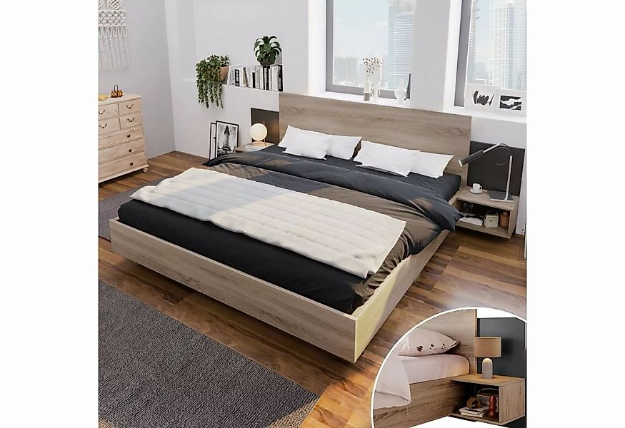 EXTSUD Holzbett Doppelbett aus Holz Bett 160 x 200 cm mit 2 Nachttischen Mo günstig online kaufen
