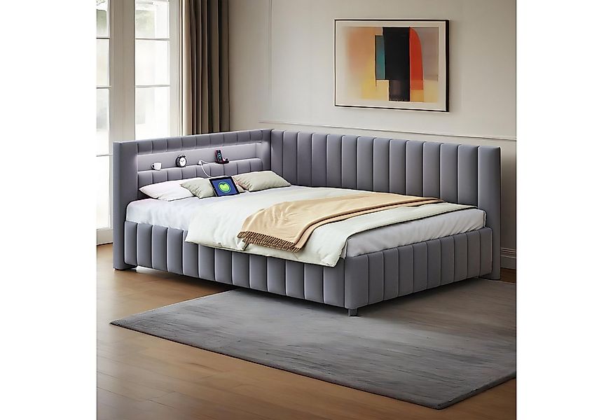 MODFU Polsterbett Kinderbett (140x200 cm mit LED-Lichtstreifen, USB-Ladeans günstig online kaufen