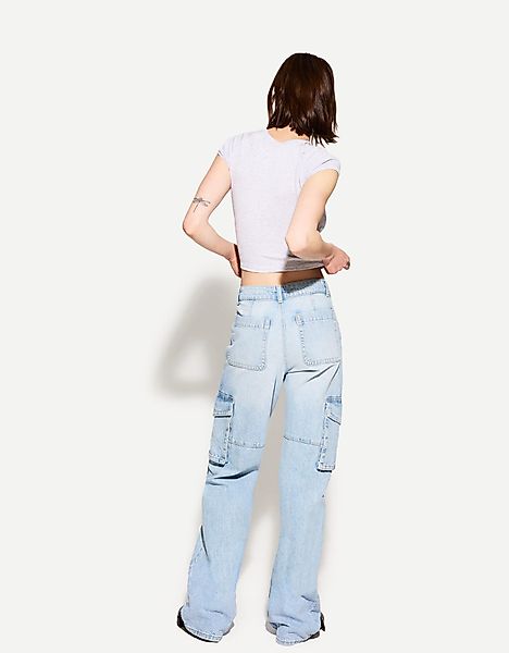 Bershka Cargo-Jeans Im Straight-Fit Damen 36 Hellblau günstig online kaufen