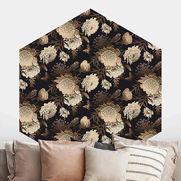 Hexagon Mustertapete selbstklebend Pfingstrosen Pattern Schwarz Gold günstig online kaufen