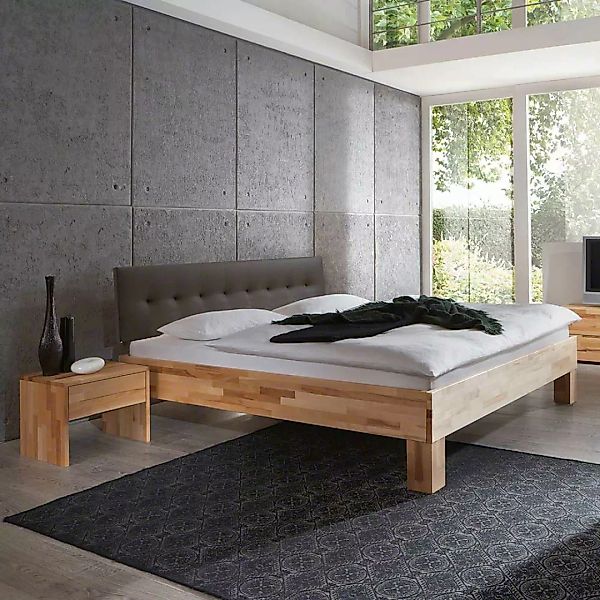Doppelbett mit Polster in Dunkelbraun Kernbuche Massivholz (dreiteilig) günstig online kaufen