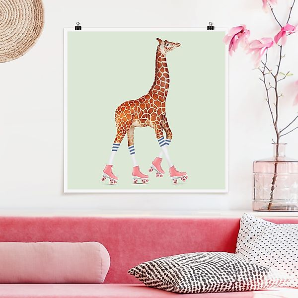 Poster - Quadrat Giraffe mit Rollschuhen günstig online kaufen