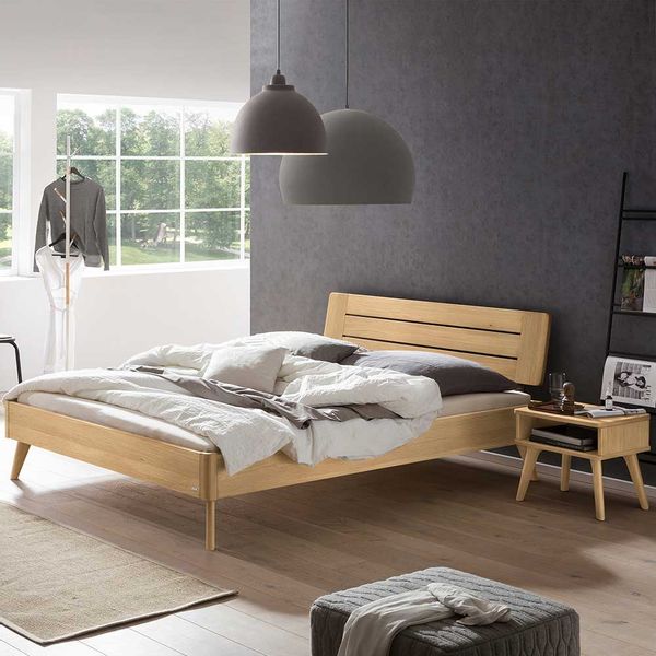 Massivholzbettgestell 140x200 cm auch mit Nachtkommoden Eiche hell günstig online kaufen
