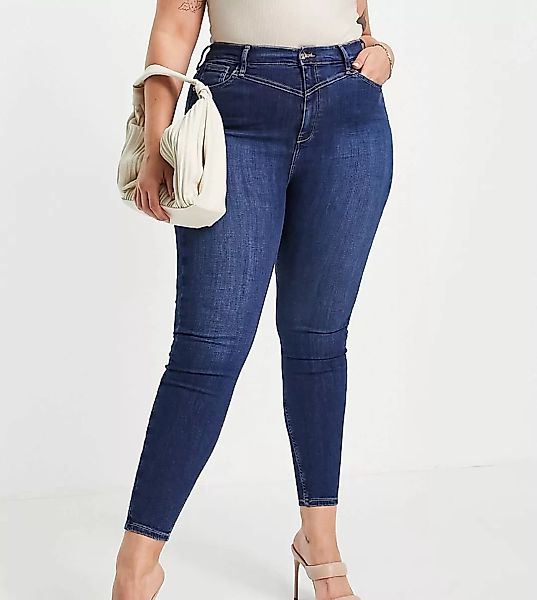 River Island Plus – Eng geschnittene Jeans mit hohem Bund in Mittelblau günstig online kaufen