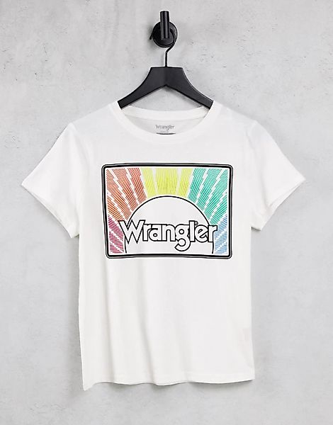 Wrangler – Kurzärmliges T-Shirt in gebrochenem Weiß mit Regenbogen-Grafik günstig online kaufen