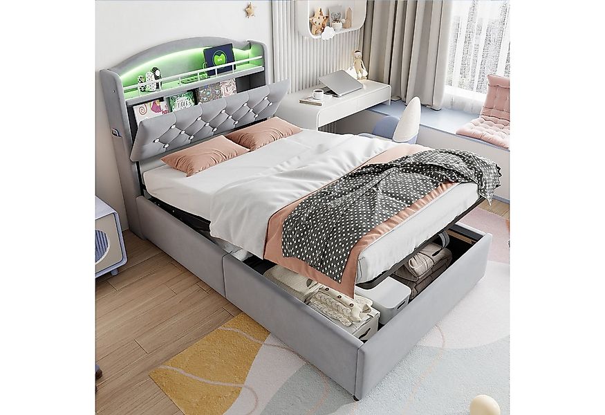 Flieks Polsterbett, Hydraulisches Kinderbett 90x200cm mit LED, Stauraum und günstig online kaufen