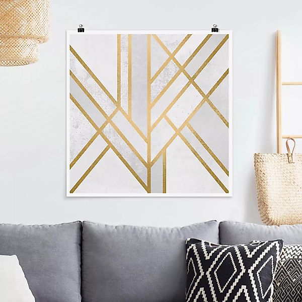 Poster - Quadrat Art Deco Geometrie Weiß Gold günstig online kaufen