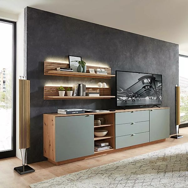 TV Sideboard Set mit Wandregalen Fernsehschrank Eiche mit grün, Breite 240 günstig online kaufen