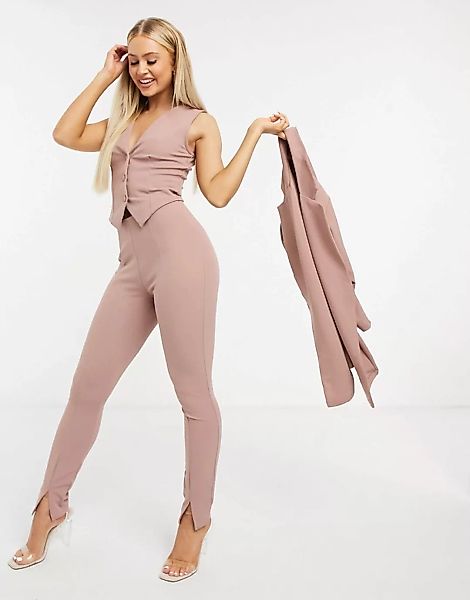 ASOS DESIGN – Schmale Anzughose aus hellrotem Jersey mit Schlitz vorne-Rosa günstig online kaufen