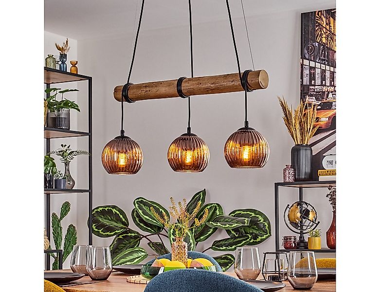 hofstein Pendelleuchte Hängelampe aus Metall/Holz/Riffelglas in Schwarz/Nat günstig online kaufen