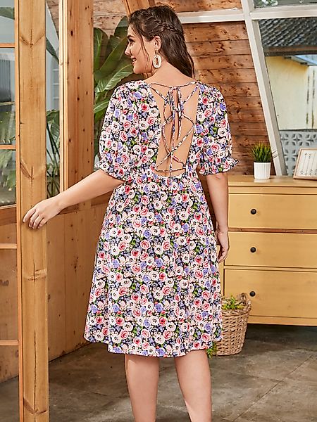 YOINS Plus Größe Blumendruck Lace-Up Design halbe Ärmel Kleid günstig online kaufen