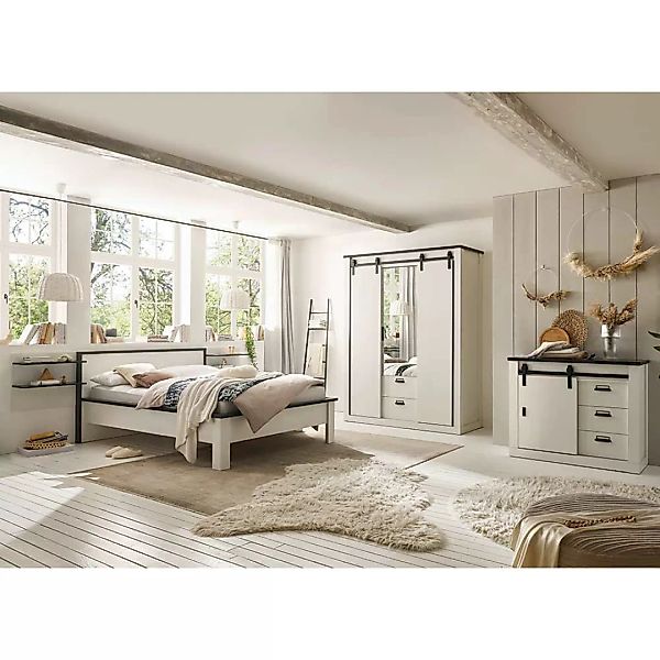 Schlafzimmer Set modern Country in Pinie Weiß Anthrazit (fünfteilig) günstig online kaufen