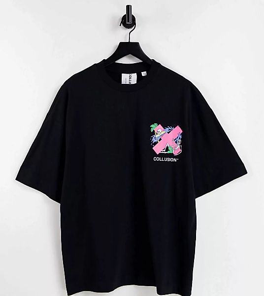 COLLUSION – Oversize-T-Shirt aus Bio-Baumwolle in Schwarz mit Logo und Skel günstig online kaufen