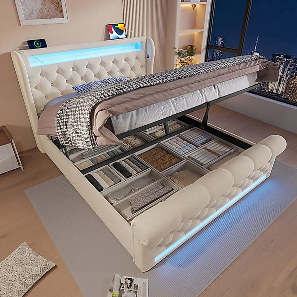 MODFU Polsterbett Hydraulisches Samt-Bett, rautenförmige Knopfknoten günstig online kaufen