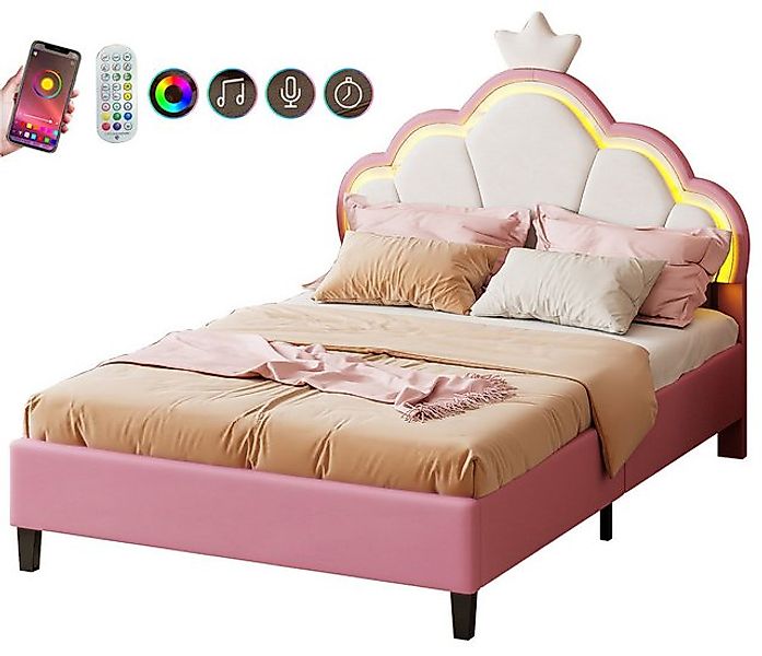 FUROKOY Polsterbett Kinderbett mit LED Kronenbett und anhebbarem Kopfteil K günstig online kaufen