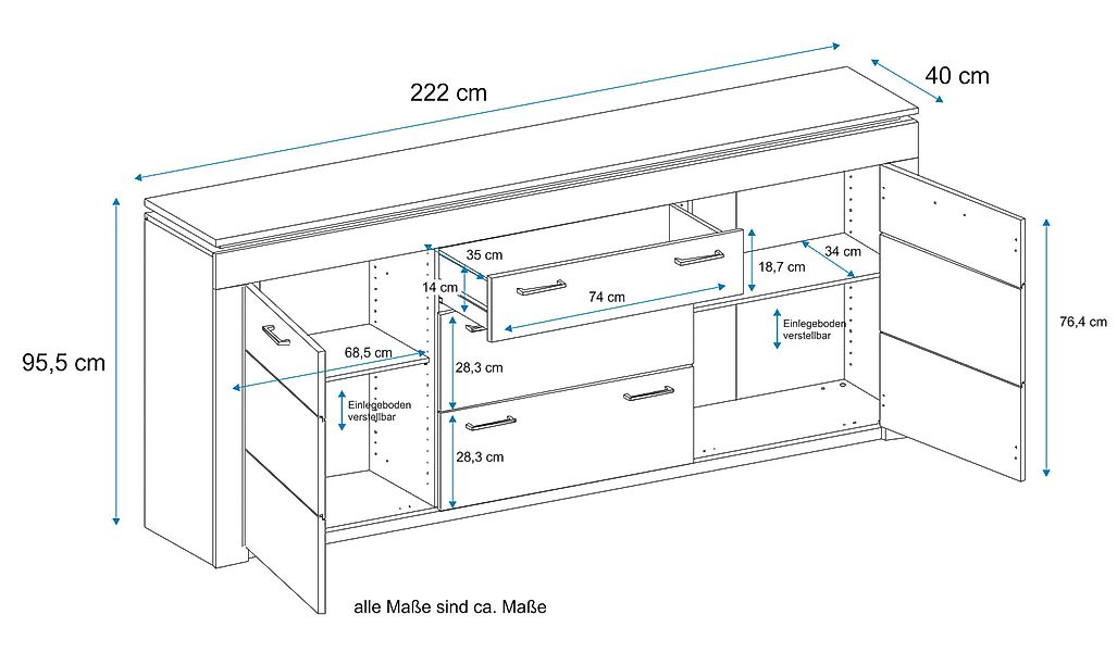 VOGL Möbelfabrik Sideboard, Breite 222 cm günstig online kaufen