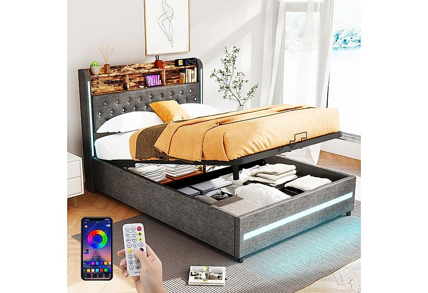 oyajia Polsterbett Stauraumbett Doppelbett LED, Leinenstoff (Mit Bettkasten günstig online kaufen