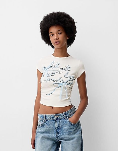 Bershka T-Shirt Mit Kurzen Ärmeln Und Schleifen Damen L Grbrochenes Weiss günstig online kaufen