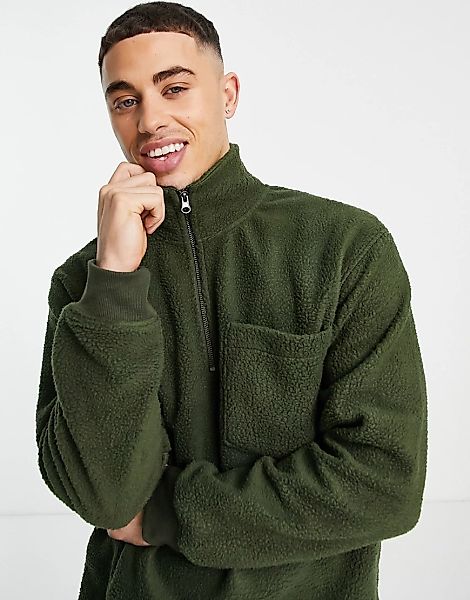Selected Homme – Fleece-Oberteil in Khaki mit kurzem Reißverschluss-Grün günstig online kaufen