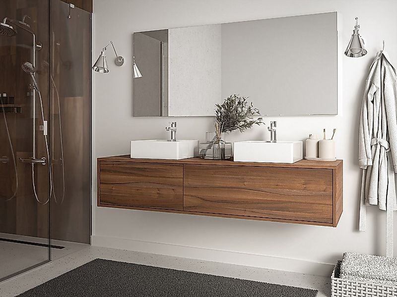 Waschbeckenunterschrank hängend - Holzfarben dunkel - 150 cm - ISAURE II günstig online kaufen