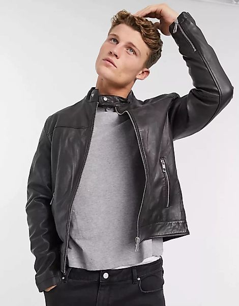 ASOS DESIGN – Braune Racer-Jacke aus Leder günstig online kaufen