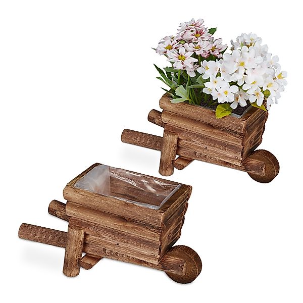 relaxdays Pflanzschale Pflanzschubkarre aus Holz 2er günstig online kaufen