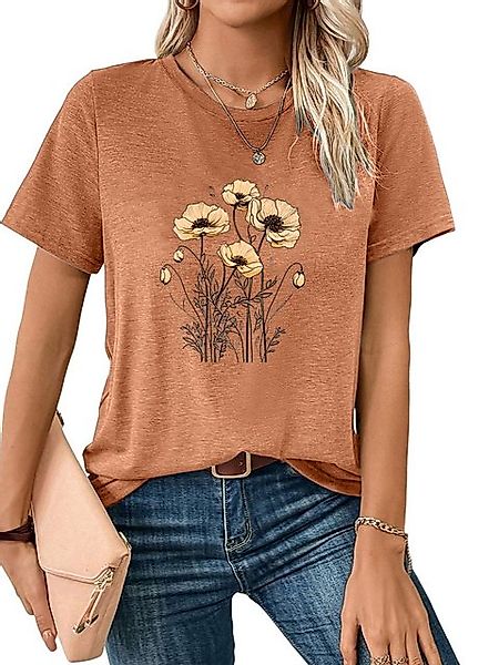 PYL Kurzarmshirt Damen Sommer Casual T-Shirt mit Blumen Print Tee günstig online kaufen