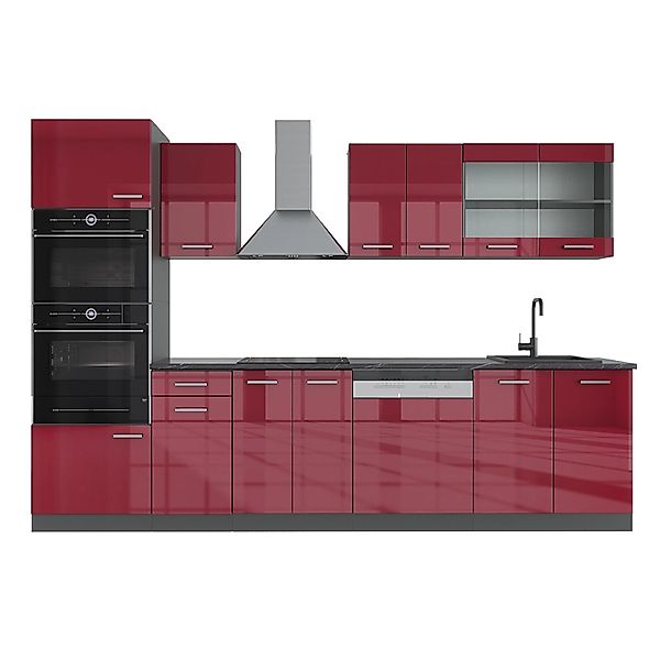 Vicco R-Line Küchenzeile Bordeaux Hochglanz/Anthrazit 300 cm mit Hochschran günstig online kaufen
