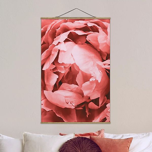 Stoffbild Blumen mit Posterleisten - Hochformat Pfingstrose Blüte Koralle günstig online kaufen