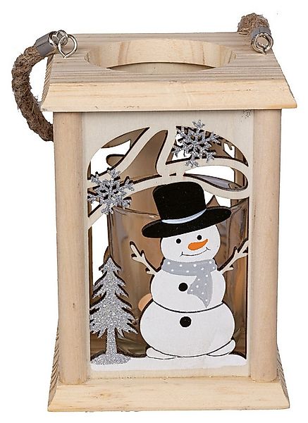 HGD Teelichthalter Holz-Laterne mit Glas-Teelichthalter - Schneemann-Motiv, günstig online kaufen
