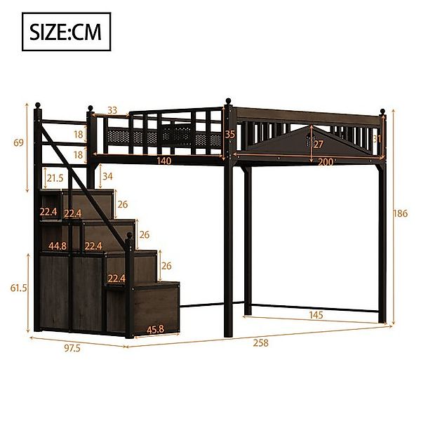 Flieks Hochbett Metallbett Kinderbett 140x200cm mit Stauraumtreppe und Sich günstig online kaufen
