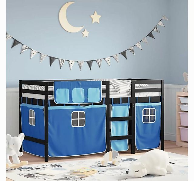 vidaXL Kinderbett Kinderhochbett mit Vorhängen Blau 90x190 cm Massivholz Ki günstig online kaufen