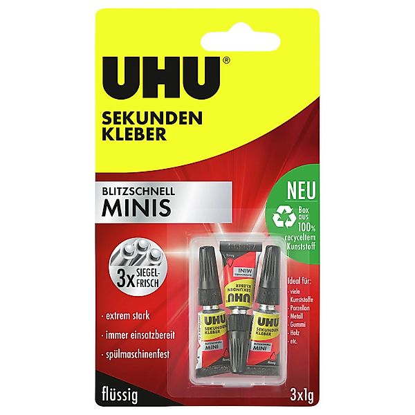 Uhu Sekundenkleber Blitzschnell Minis Flüssig 3 x 1 g mit Aufbewahrungsbox günstig online kaufen