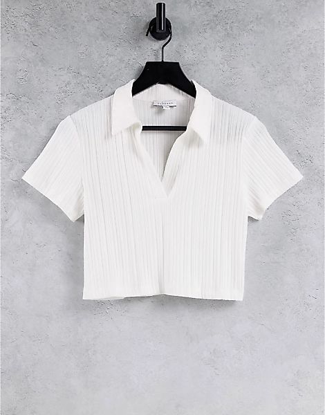 Topshop – T-Shirt mit Kragen und variierender Rippenstruktur in Weiß günstig online kaufen