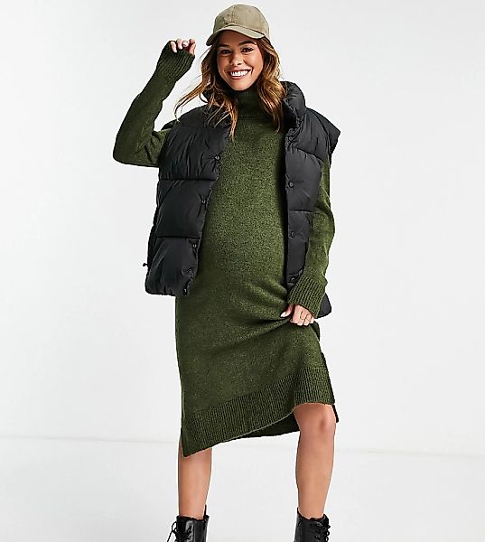 Mamalicious Umstandsmode – Pulloverkleid in Khakigrün mit Rollkragen günstig online kaufen