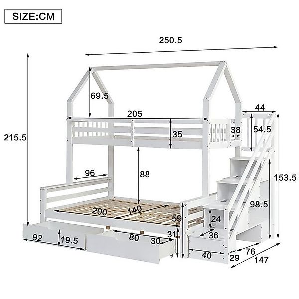 Flieks Etagenbett, Hausbett Kinderbett mit Stauraumtreppe, 2 Schubladen 90x günstig online kaufen