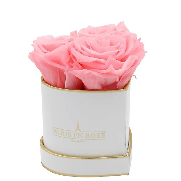 Rosenbox Herz Weiß-Gold mit 3 Rosa Rosen günstig online kaufen