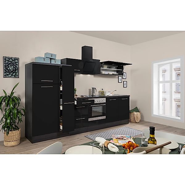 Respekta Premium Küchenzeile 300 cm Schwarz Hochglanz-Eiche Grau günstig online kaufen