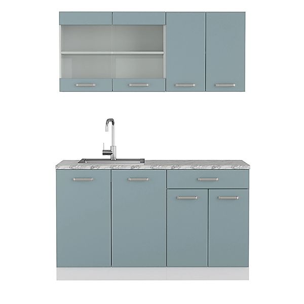 Vicco R-Line Mini-Küche Blau-Grau 140 cm AP Marmor günstig online kaufen
