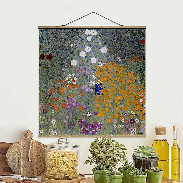 Stoffbild Kunstdruck mit Posterleisten - Quadrat Gustav Klimt - Bauerngarte günstig online kaufen