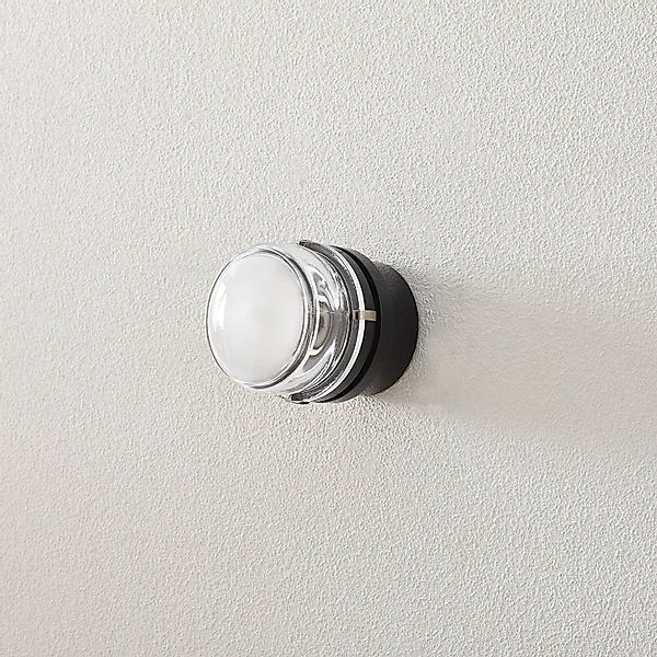 Oluce Wandleuchte Fresnel, schwarz, Glaslinse, IP44, E14 günstig online kaufen
