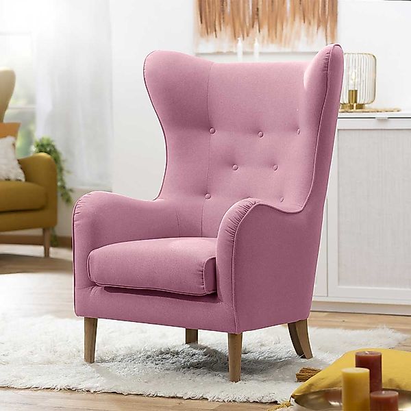 Rosa Ohrensessel im Vintage Look Vierfußgestell aus Holz günstig online kaufen