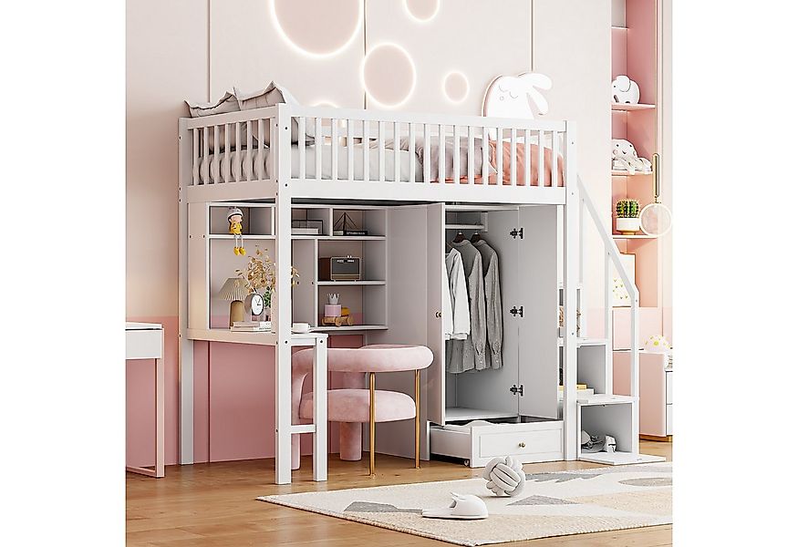 WISHDOR Kinderbett Hochbett mit großem Kleiderschrank Regal und Tisch (Stau günstig online kaufen