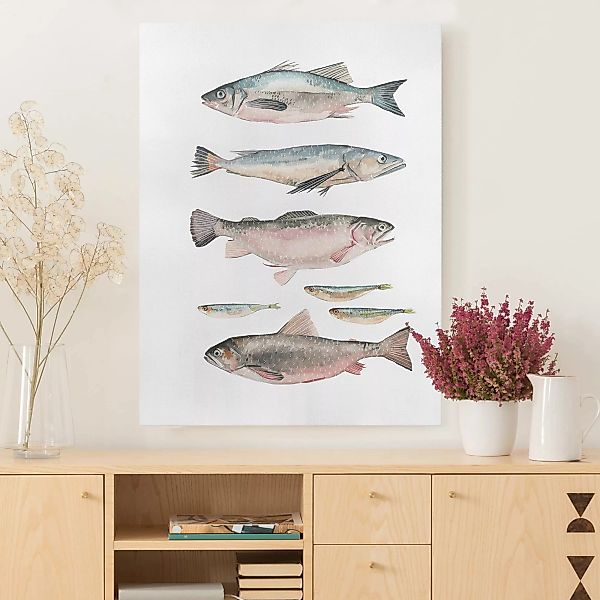 Leinwandbild Tiere - Hochformat Sieben Fische in Aquarell I günstig online kaufen