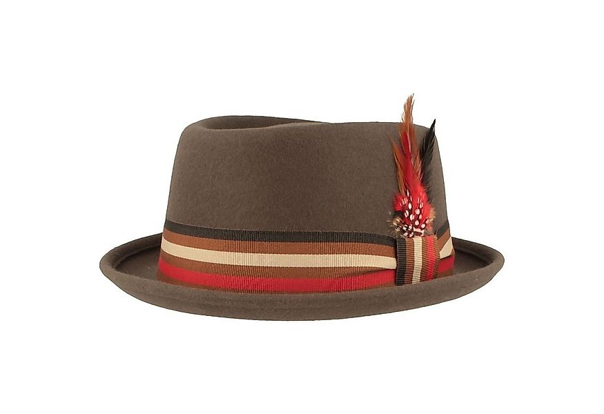 Breiter Filzhut Pork-Pie mit gestreiftem Band & Feder günstig online kaufen