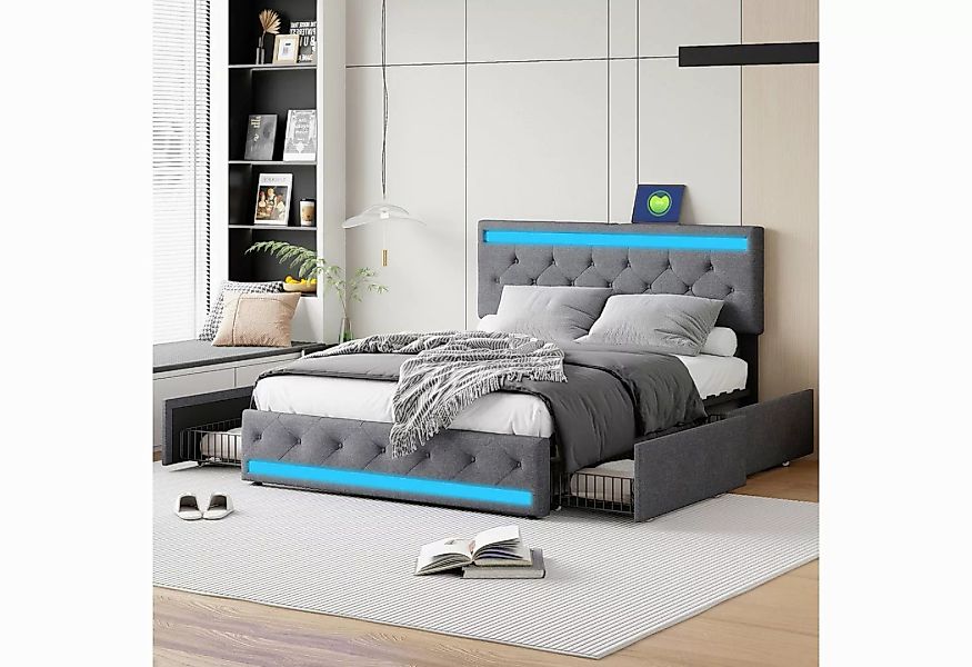 Furnishings Home Polsterbett Doppelbett mit 4 Schubladen + LED-Leuchten + U günstig online kaufen